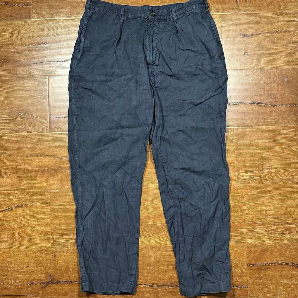 Drakes London Pants Men 34x28 Navy Blue 100% Linen Trousers Italy Made Old Money